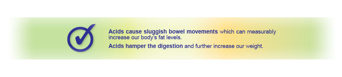 Acids cause sluggish bowel movements which can measurably increase our body’s fat levels. Acids hamper the digestion and further increase our weight.